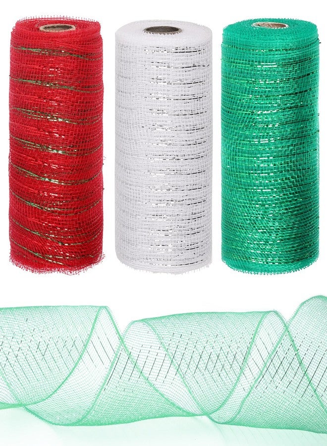 Tanstic 3 Rolls Mesh Ribbon, Deco Mesh Ribbon Christmas Deco Mesh Metallic Red Green White Mesh Ribbons Rolls for Wreaths, Gift Wrapping, Party Decorations (6 Inch x 10 Yards Per Roll) - Image 1